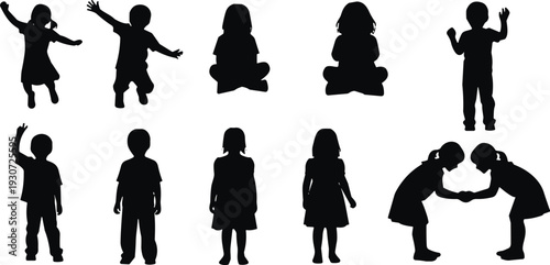 Black Children Silhouette Vector Set, Diverse Kids Playing, Jumping, Sitting, and Standing Poses, Childhood Development, Primary School Students, Youth Growth, Isolated Illustration