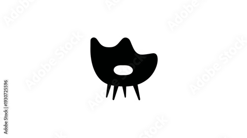 A black, abstract chair silhouette with an oval hole, resting on three thin legs, on a white background