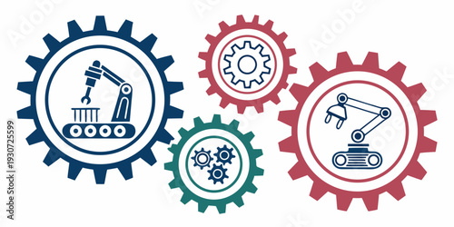 Four gears with construction equipment illustrations in the center of each.
