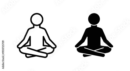 Yoga meditation icon with a person in lotus pose, available in outline and silhouette for wellness and mindfulness.