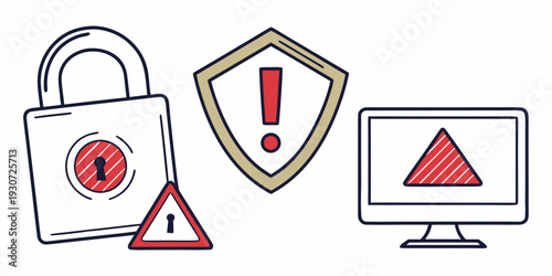 Security icons illustrating potential threats and warnings on a computer screen.