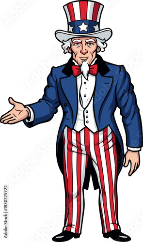 Valokuva Uncle Sam cartoon character in patriotic attire extending hand.