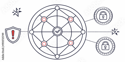 A visual representation of a network security system with interconnected nodes and protective shields.