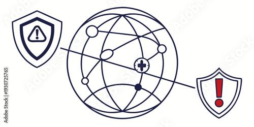 Network security illustration with interconnected nodes and warning symbols.
