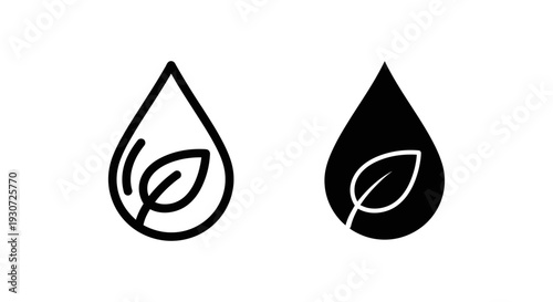 Water drop with leaf icon in line and solid fill, signifying nature, hydration, environment, and eco-friendly.