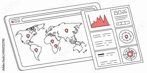 Global map with highlighted regions and various data visualizations on the side