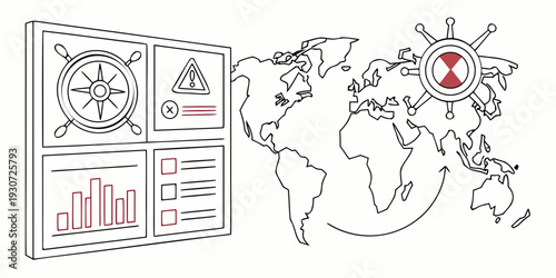 Global map with highlighted regions and data visualization charts