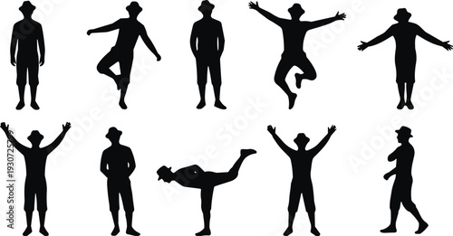 Black Men Silhouette Vector Set Featuring Various Active Poses, Jumping Figures, Standing Poses, Joyful Expressions, Male Character Icons for Graphic Design, Fitness, Marketing