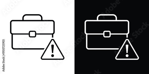 Business briefcase icon with a triangle warning exclamation mark symbol. Professional line art representing work error, deadline alert, job risk, or important career notification.
