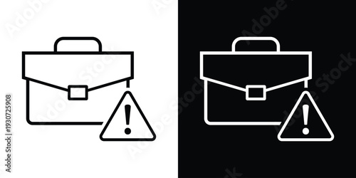 Business briefcase icon with a triangle warning exclamation mark symbol. Professional line art representing work error, deadline alert, job risk, or important career notification.