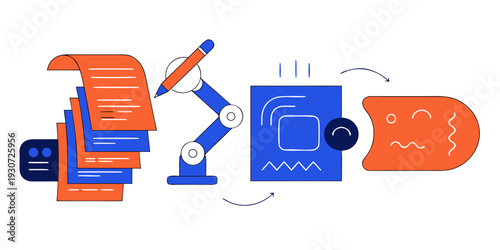 A whimsical illustration of a robot and a vacuum cleaner in a playful scene