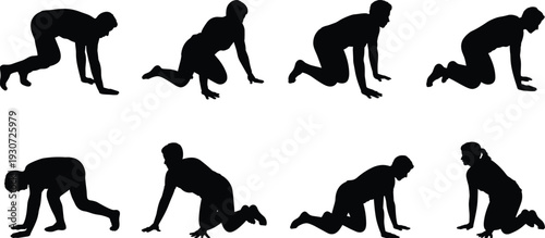 Black People Crawling Silhouette Vector Set, Adult Figures On Hands and Knees, Human Motion Poses, Movement Study, Physical Exercise, Creative Concept Graphics, Isolated
