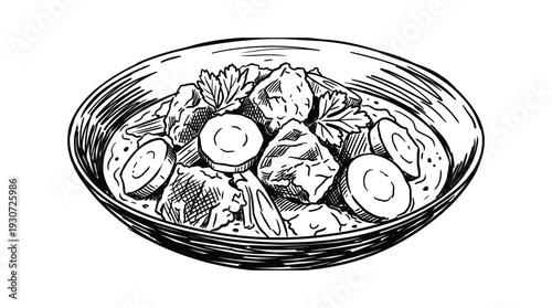 Beef stew with carrots and herbs in ceramic bowl hand drawn artistic vector illustration