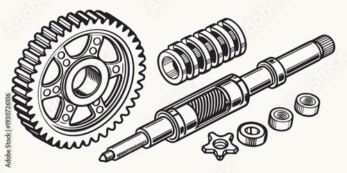 A collection of various mechanical gears and tools displayed on a flat surface