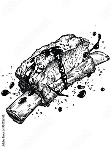 Grilled pork rib chop with bbq sauce splash hand drawn sketch isolated on white background