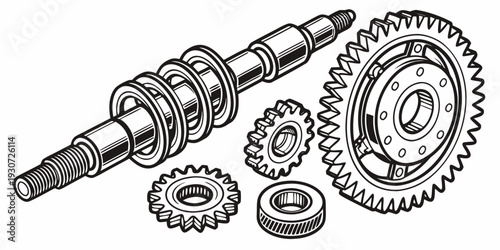 A detailed illustration of a camshaft with various gears and components