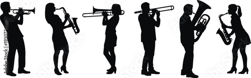 Black, silhouette, set, of, musicians, playing, instruments, like, saxophone, trumpet, trombone, and, tuba, isolated, on, white, background, for, jazz, and, band, design.