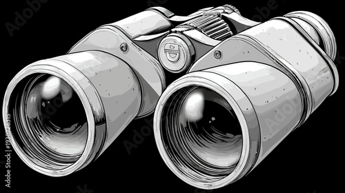 Black and white illustration of a pair of optical device with lenses, metal, and focusing wheel