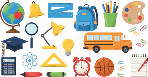 Large collection of school education icons featuring school bus backpack globe calculator books stationery and art supplies flat vector illustration isolated.
