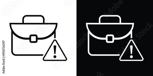 Business briefcase icon with a triangle warning exclamation mark symbol. Professional line art representing work error, deadline alert, job risk, or important career notification.