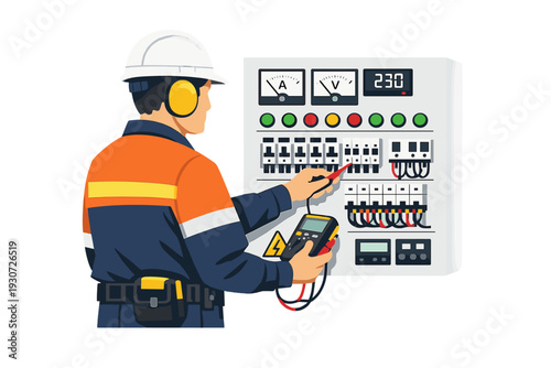 Electrician inspecting electrical panel with multimeter, professional technician maintaining electrical equipment, circuit breaker installation and repair services