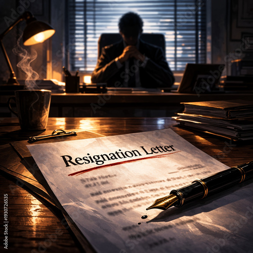 Naklejka 退職届（RESIGNATION LETTER）、重圧感のあるオフィスの背景、退職と労働問題のイメージ、正方形イラスト