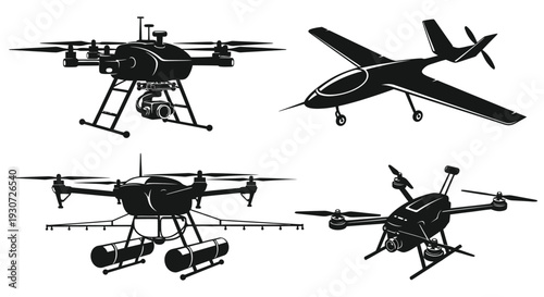 A collection of unmanned aerial vehicles depicted in a stark black and white illustration a noticeable silhouette high quality professional detailed