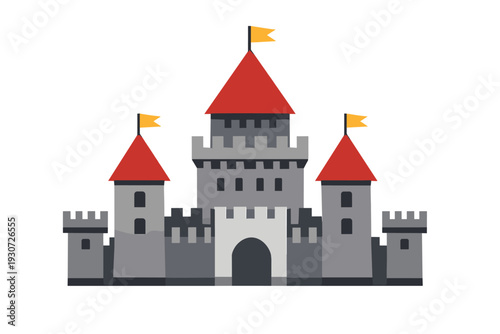 A Medieval Castle with Red Roofs and Flags, Representing Fantasy and History