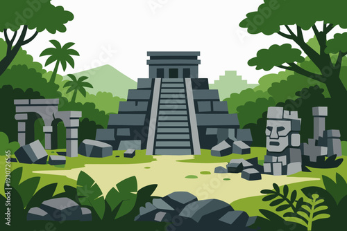 Mysterious Ancient Temple Ruins Deep within a Vibrant Tropical Jungle, Adorned with Overgrown Foliage and Stone Carvings, Evoking a Sense of Forgotten Civilization and Adventure