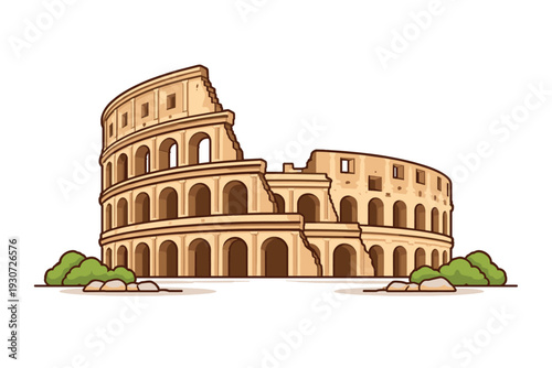 Colosseum in Rome illustration, ancient Roman amphitheater with surrounding greenery