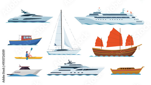 A flat, minimalist illustration of various boats and vessels on a white background (1)_traced