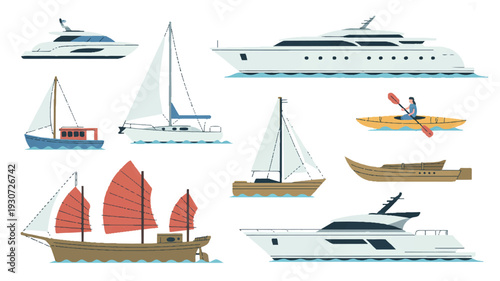 A flat, minimalist illustration of various boats and vessels on a white background (2)_traced