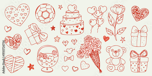 Hand drawn collection of romantic symbols hearts gifts and celebratory items