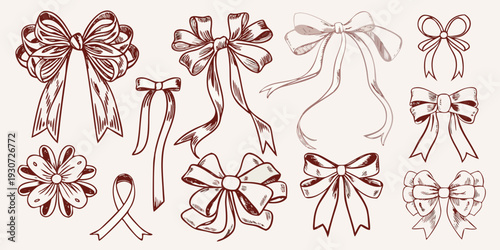 Collection of vintage style sketched ribbon bows in brown tones