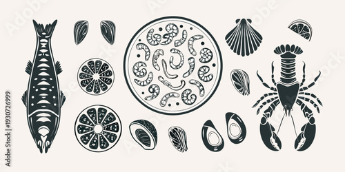 A collection of vintage style illustrations depicting various seafood and shellfish