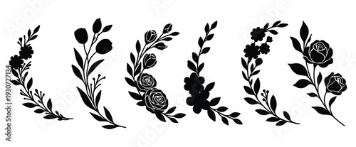 Floral branches silhouette collection with roses tulips and leaves for wedding decoration