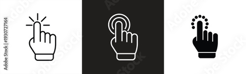 Click here icon set in line style. Hand click, Hand clicking, finger, Touch screen, pointer, cursor, gesture, mouse press push simple black style symbol sign for apps and website, vector illustration.
