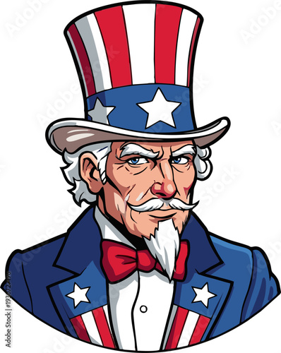 Uncle Sam cartoon character with a stern expression and patriotic attire.