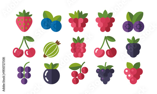 Mixed berry fruit icons colorful flat vector collection isolated on white illustration, easily editable.