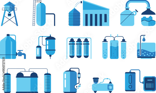 Blue, industrial, icons, set, with, water, storage, tanks, purification, systems, processing, station, equipment, isolated, on, white, background, vector, illustration, infrastructure, utility, collec