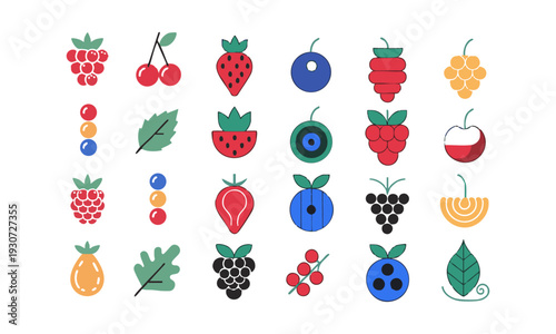 Natural berry fruit collection flat food icons isolated vector set illustration, easily editable.
