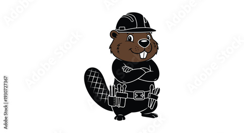 A charming cartoon beaver wearing a hard hat and tool belt confidently posing with arms crossed silhouette high quality professional detailed