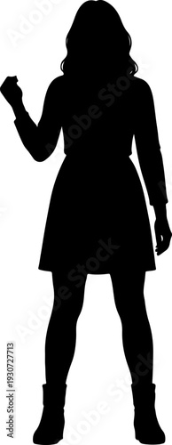 A silhouette of a woman holding a phone, dressed in a long coat and boots