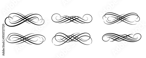 Collection of six black and white calligraphic swirl designs