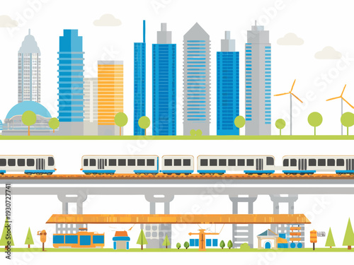 Modern cityscape illustration featuring a train and renewable energy sources