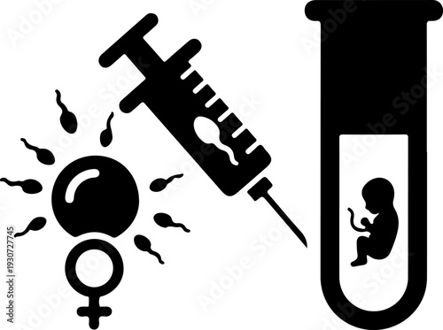 Medical illustration showing a syringe and test tube with a fetus and mosquito