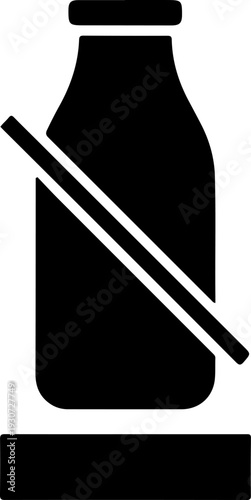 A black and white icon of a milk bottle with a prohibition sign over it.