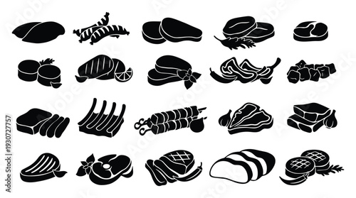 Set of meat and steak graphic silhouettes. delicious fresh food ingredients vector illustration