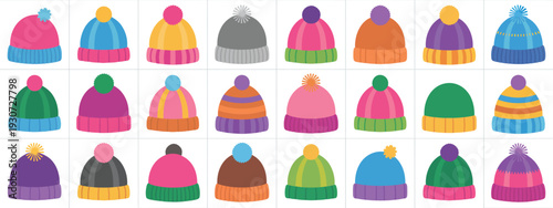 A collection of colorful hats and beanies in various designs and patterns.