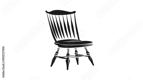 A simple, black-and-white illustration of a wooden chair with a slatted back